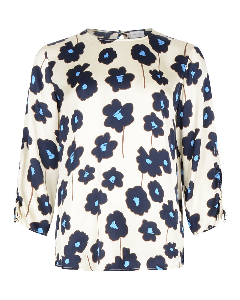 Blus dragsko i ärm blommig ljusbeige/blå