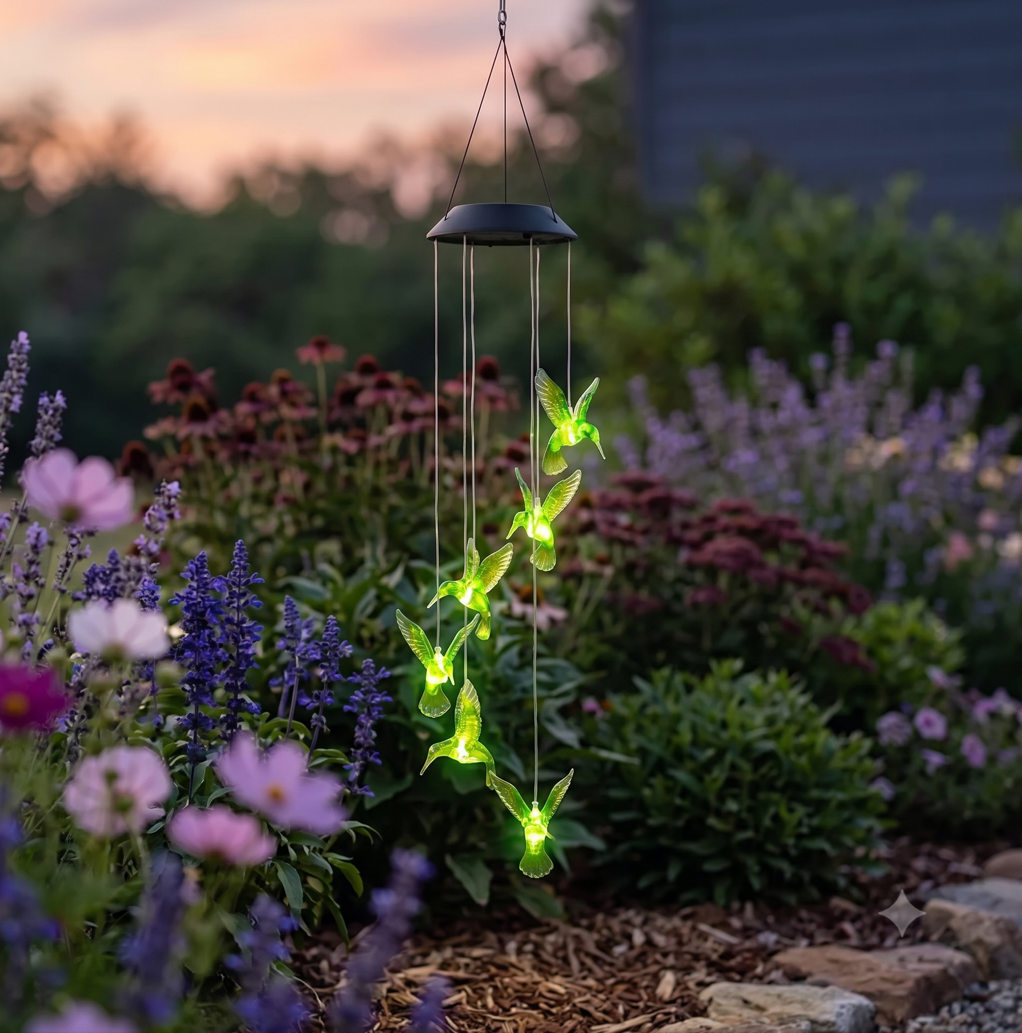 Solkolibri lyser grönt i skymningen bland lavendel, cosmos och rudbeckia i en rabatt