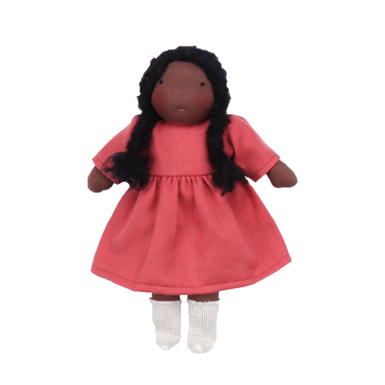 Chimpytoys Waldorfdocka Sarah (25 cm) – Korallfärgad klänning