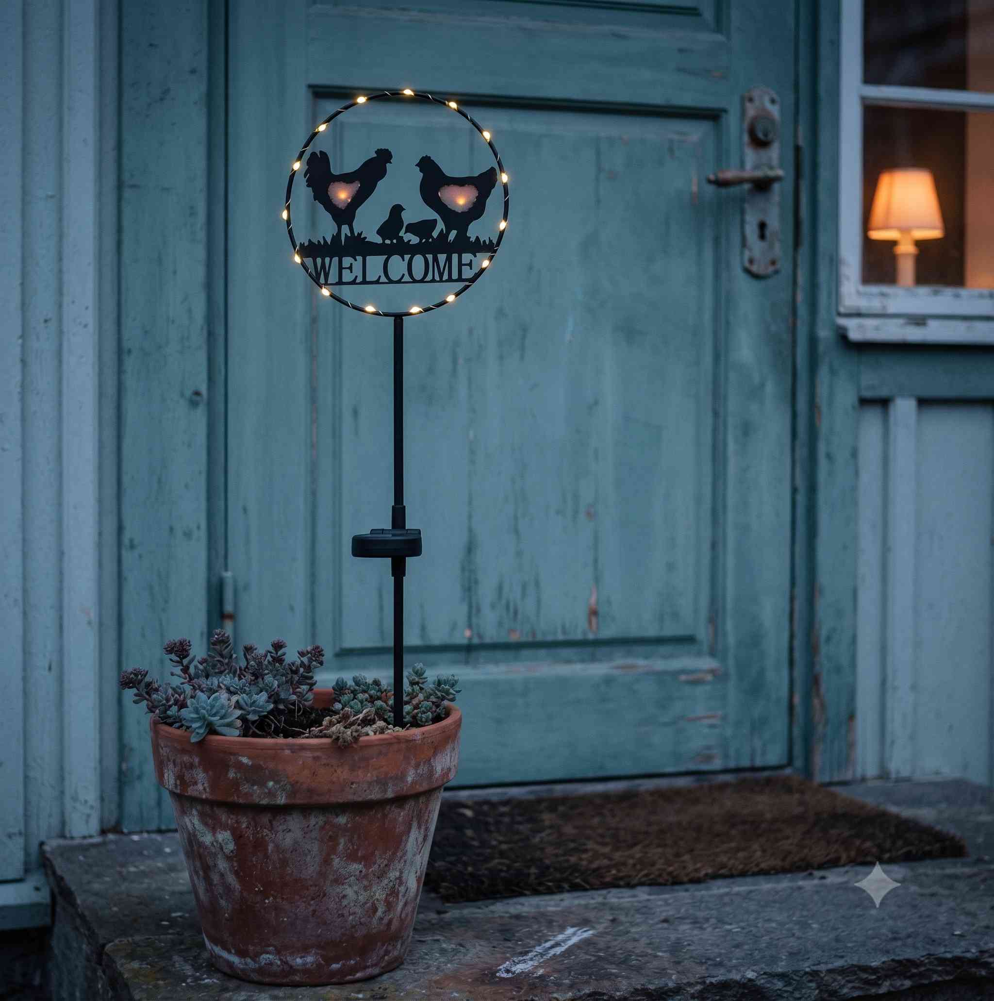 Gårdshöna solar welcome stake in a terracotta pot of succulents by a weathered blue door at dusk, LEDs glowing