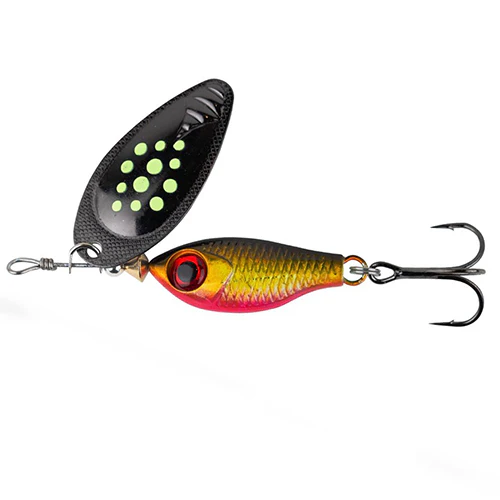 A spinner with an elongated spoon shape, making it work exceptionally well even in flowing water. Excellent for salmon, brown trout, as well as pike and rainbow trout.