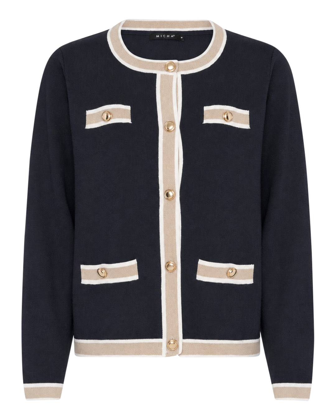 Kofta marin med beige rand & guldknappar