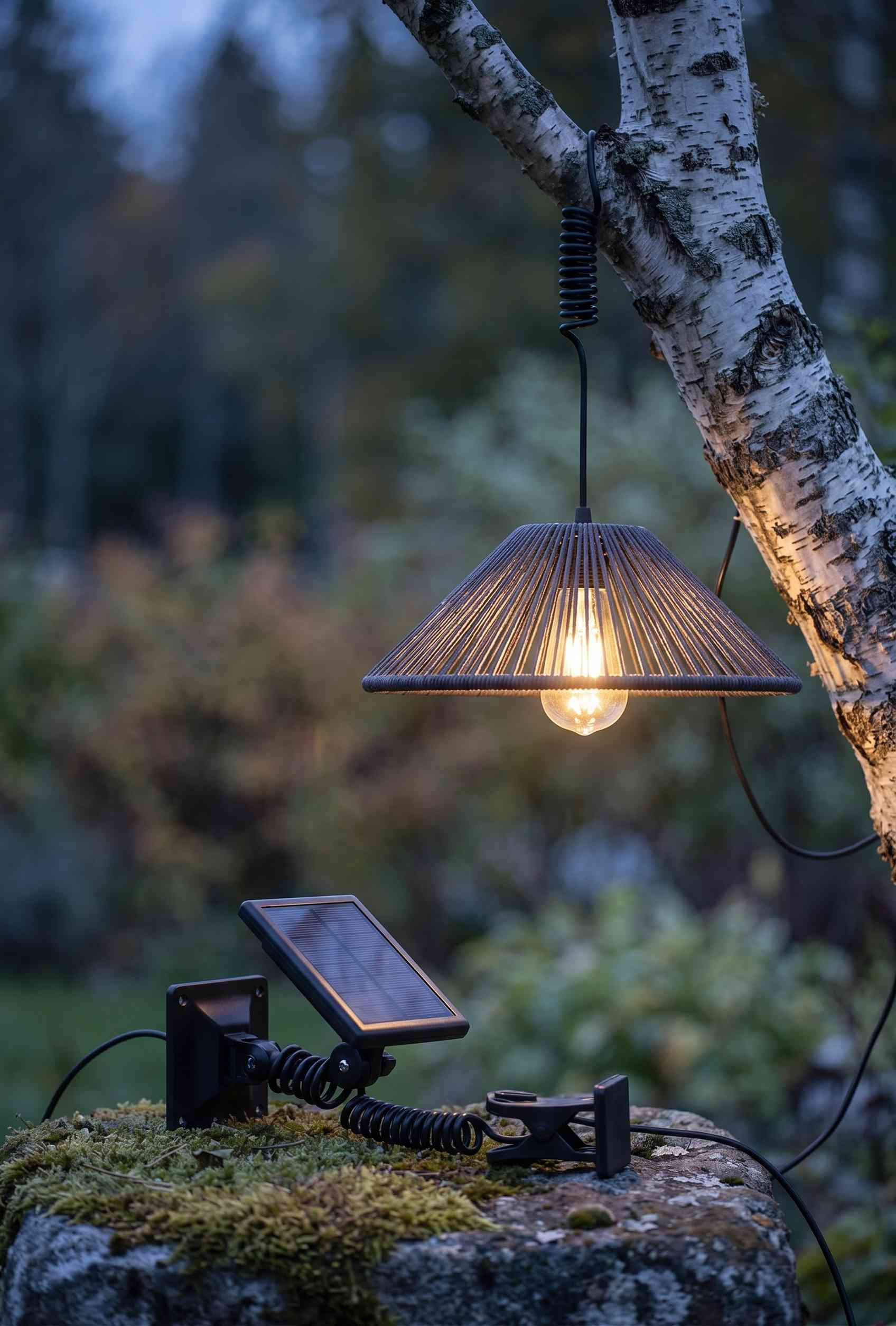 Solar pendant lamp cord with a woven cone shade and warm filament glow, hung from a birch branch, solar panel clipped to a mossy rock