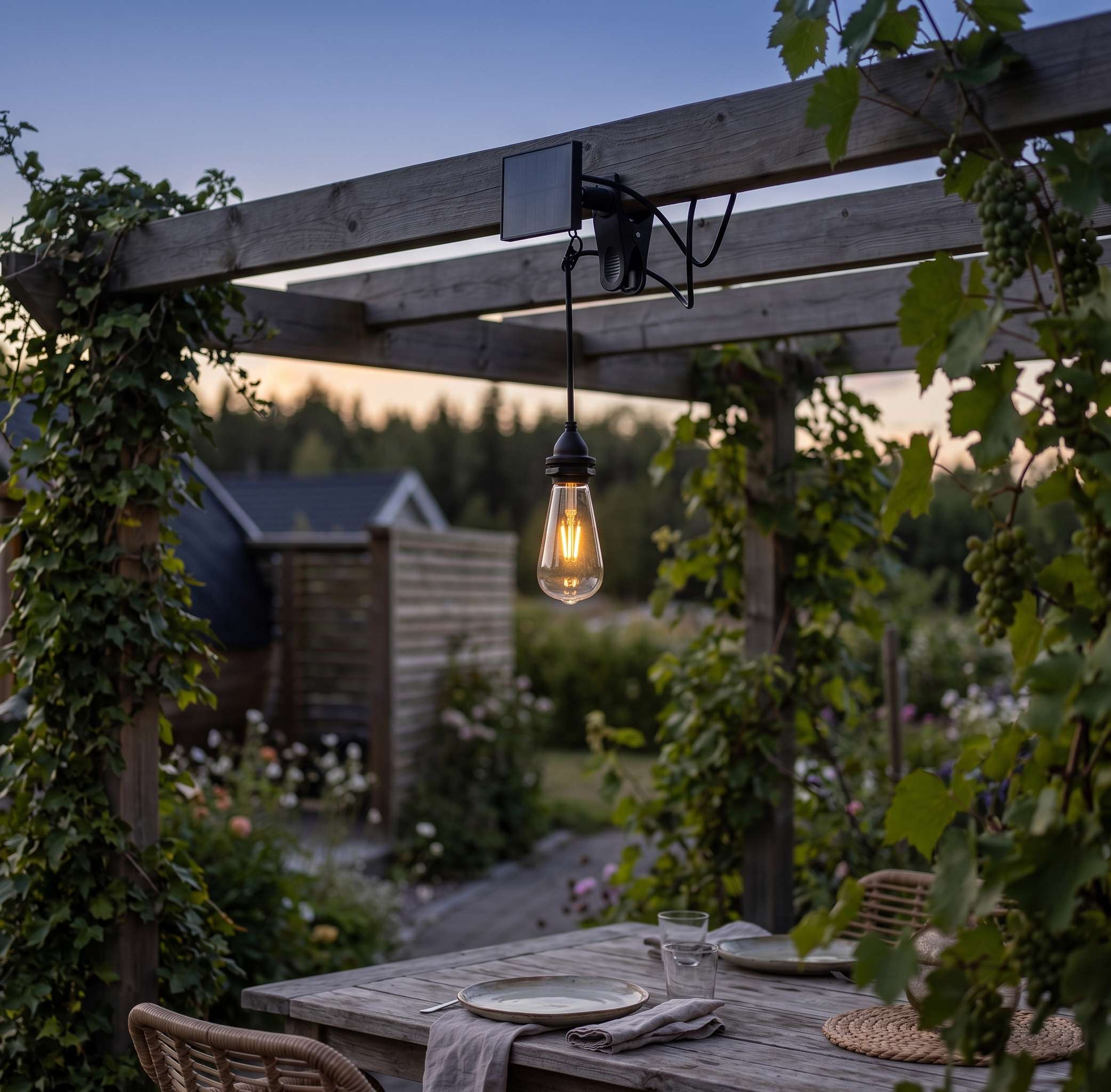 Solar pendant lamp cord hanging a warm filament bulb over a set garden table under a vine-covered pergola at dusk