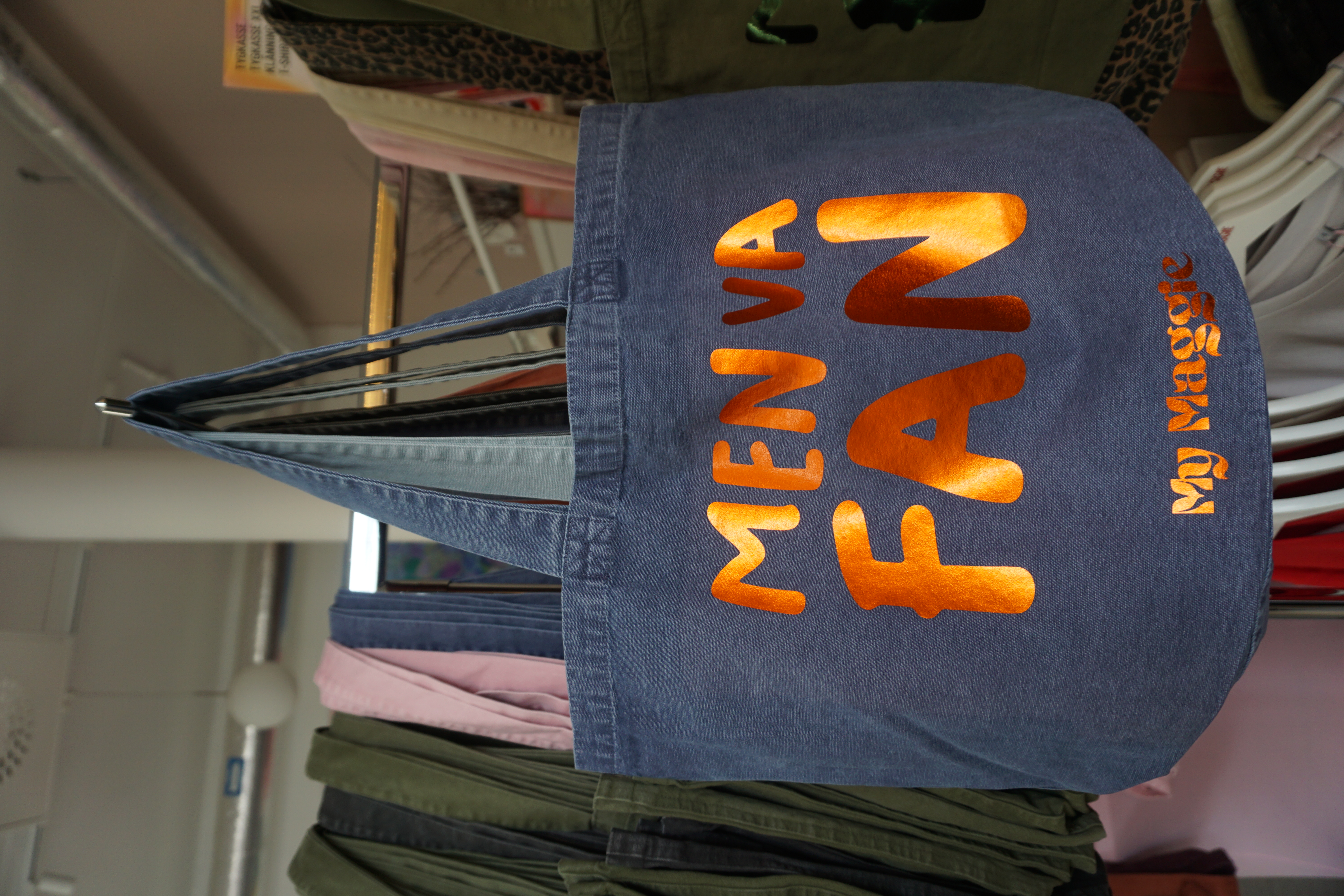 Tygkasse denimblå med electric orange - 2