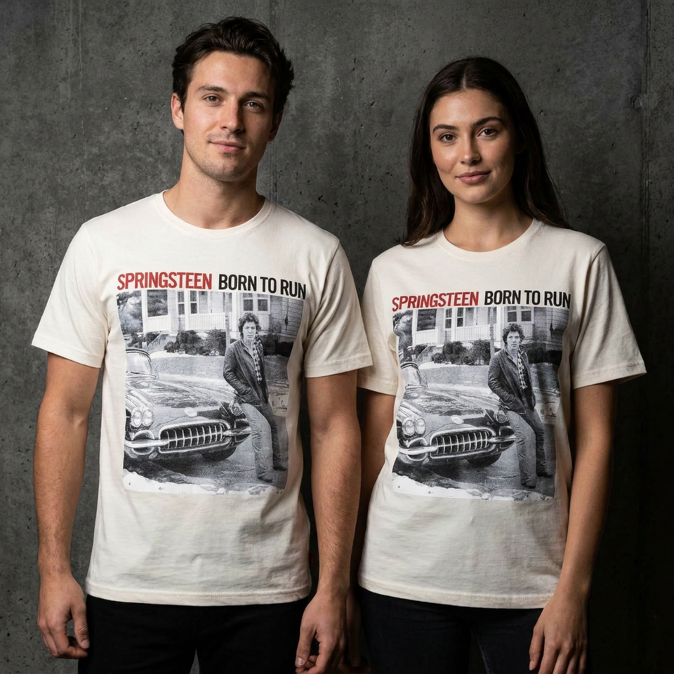 Bruce Springsteen Unisex Premium T-Shirt: Born To Run (White) (Back Print)