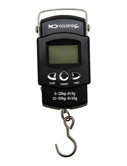 Goldfish Digital Scale, 50 kg. A perfect fishing scale to take with you on the go. Features a built-in 100-cm measuring tape and a well-lit LCD display.