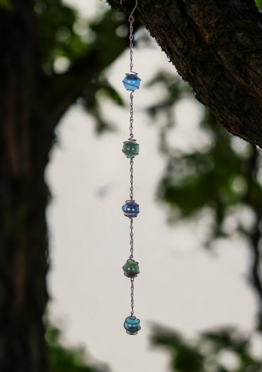 Beaded mobile with blue & green glass beads - 70x4 cm
