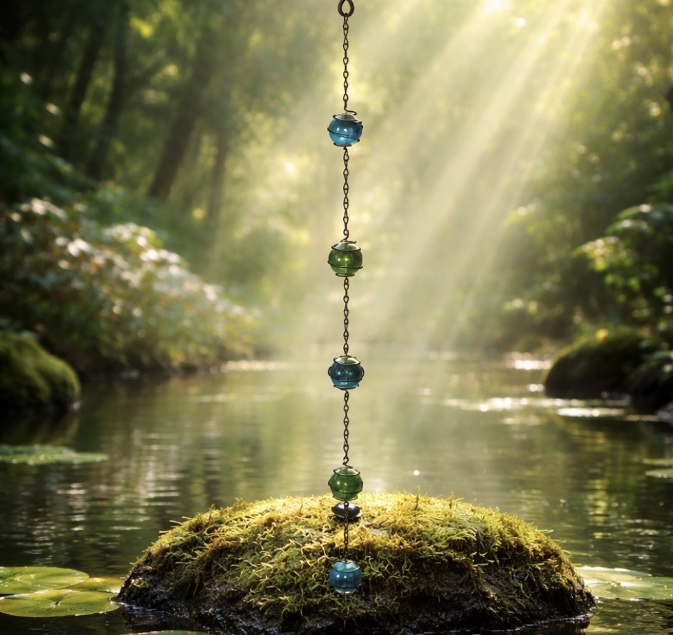 Beaded mobile with blue & green glass beads - 70x4 cm - 2