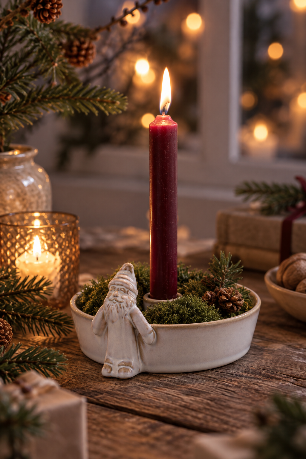 Candlestick - Bowl with Santa - White - 13,7x9x15 cm