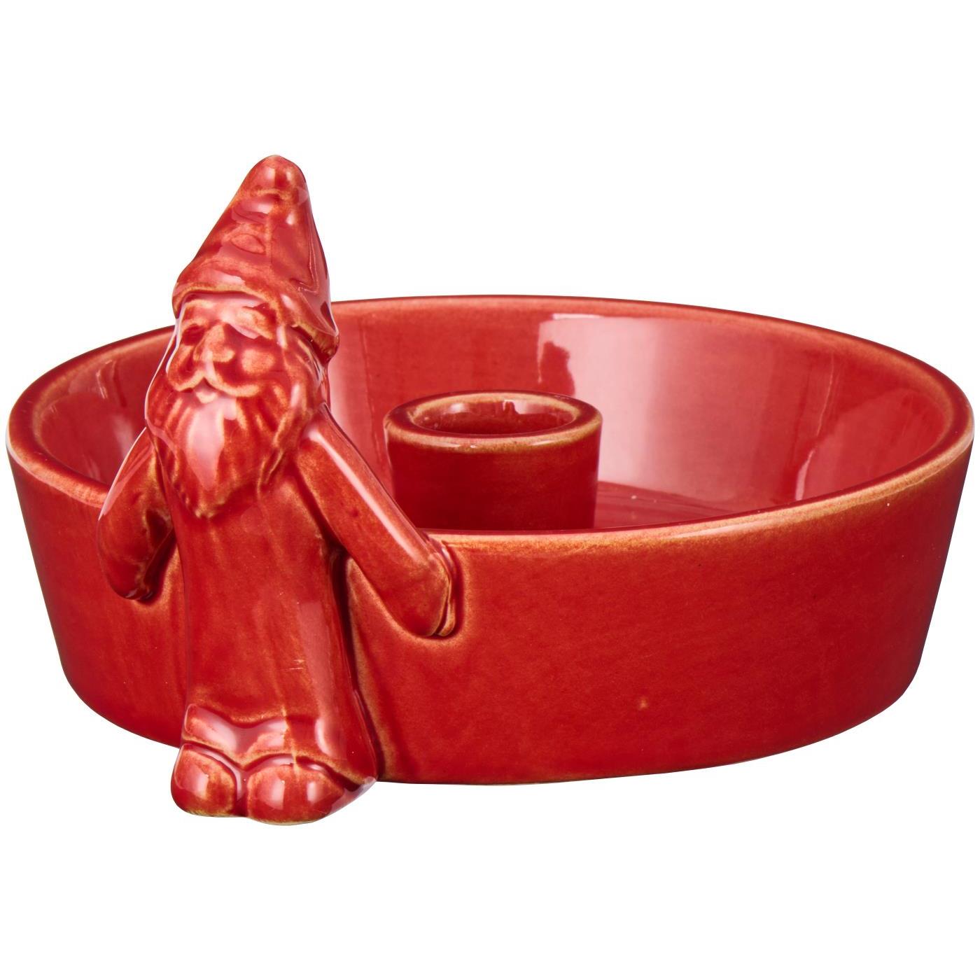 Ljusstake - Skål med tomte - Röd - 13,7x9x15 cm - 2