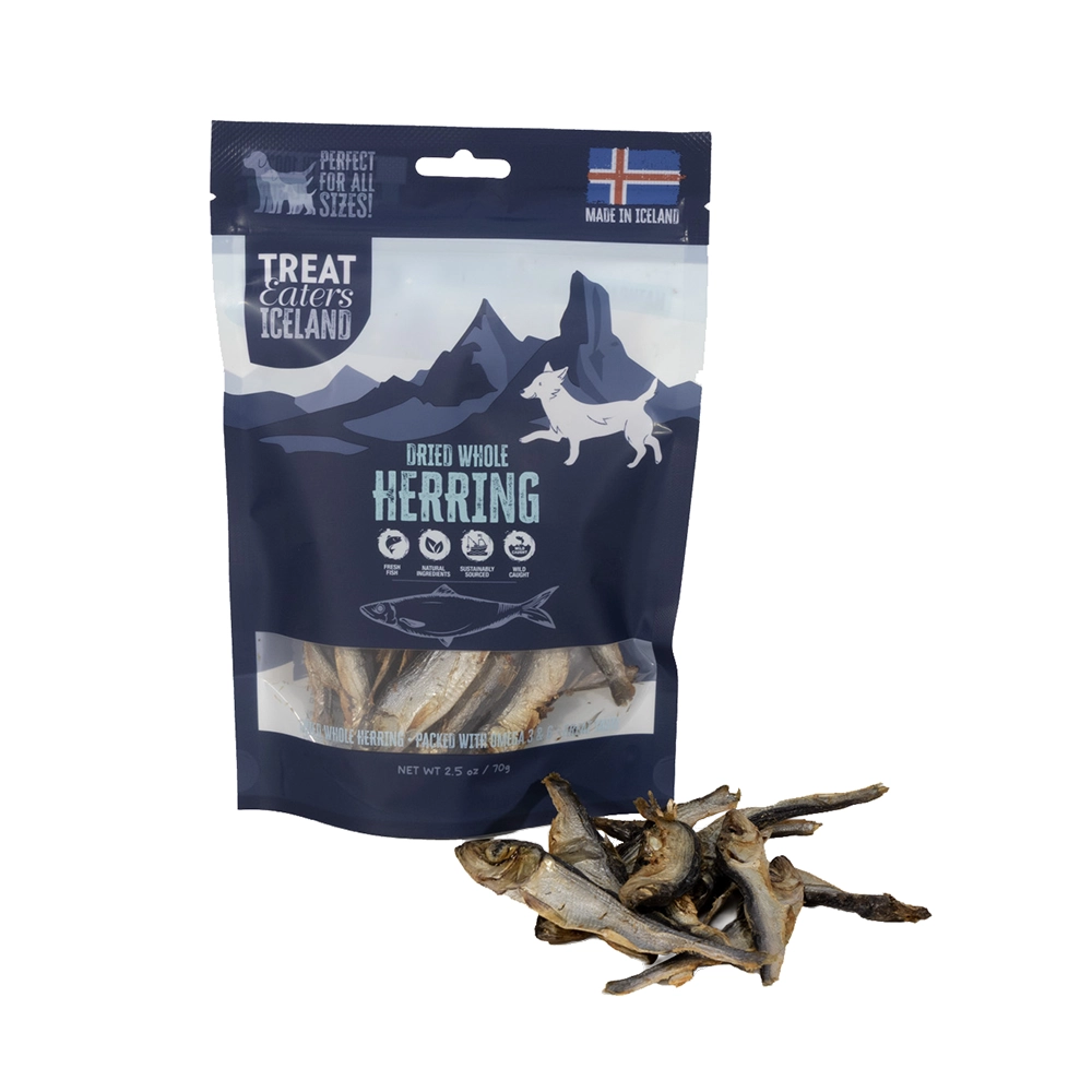 Treateaters Iceland dried whole herring torkad sill som hundgodis monoprotein
