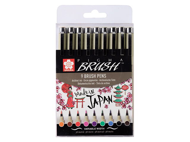 Sakura Pigma Brush penselpennor 9-pack /  Pigma Brush Wallet 9