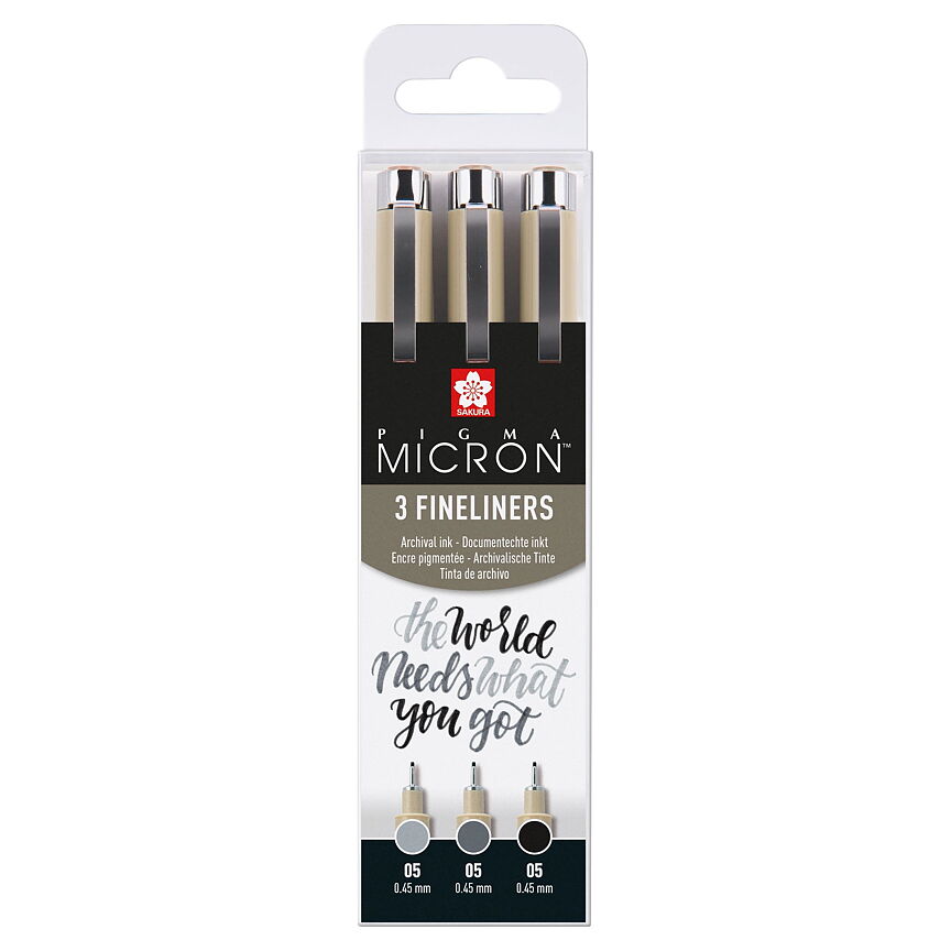Sakura Pigma Micron 05 fineliner set 3 pens black & gray