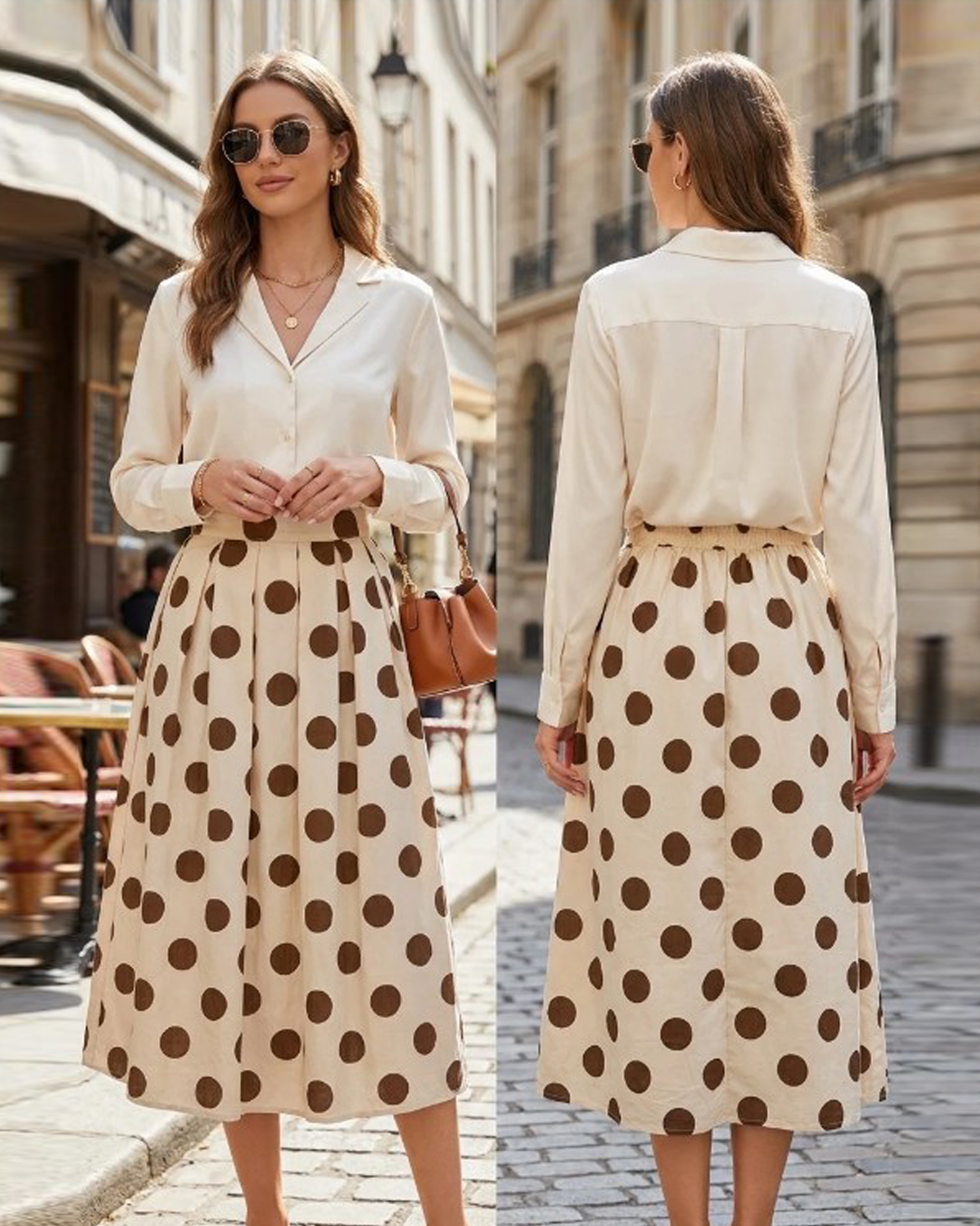 Bomullskjol beige med bruna prickar & fickor