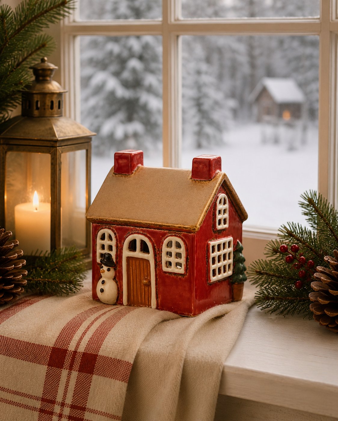 Stillenat - Christmas house - House lantern - Lantern - Red house with snowman