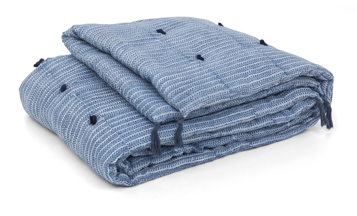 Chamois Blanket with Tassels, Leaf Navy Blue - 110x180 cm