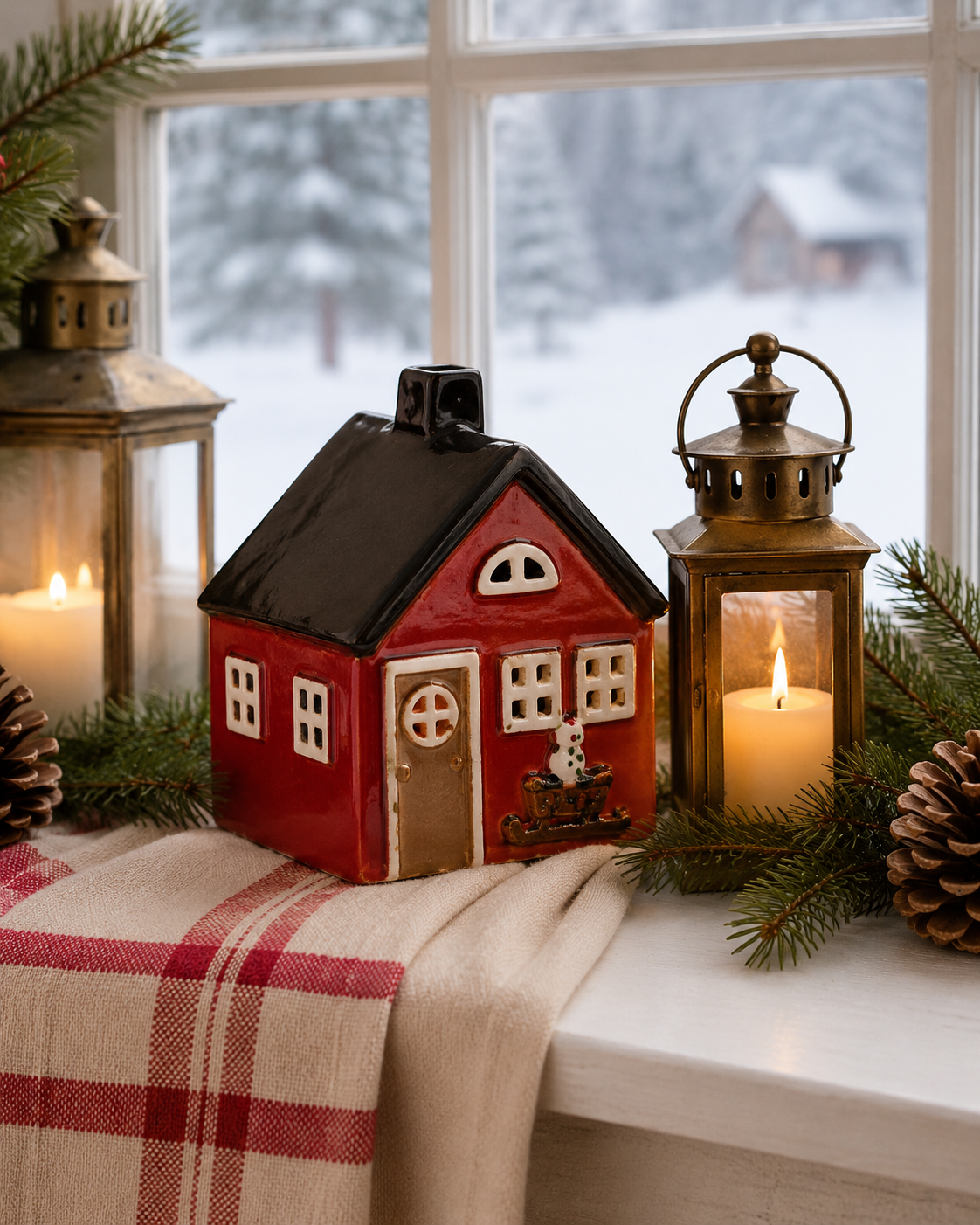 Stillenat - Christmas house - House lantern - Lantern Red house with sled - 2