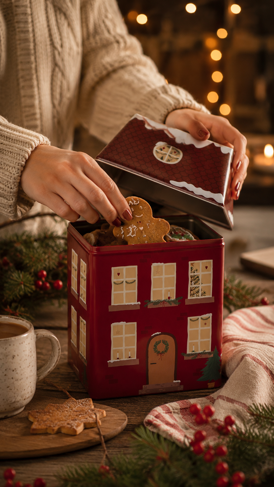 Tin House with lid for Christmas sweets - Red