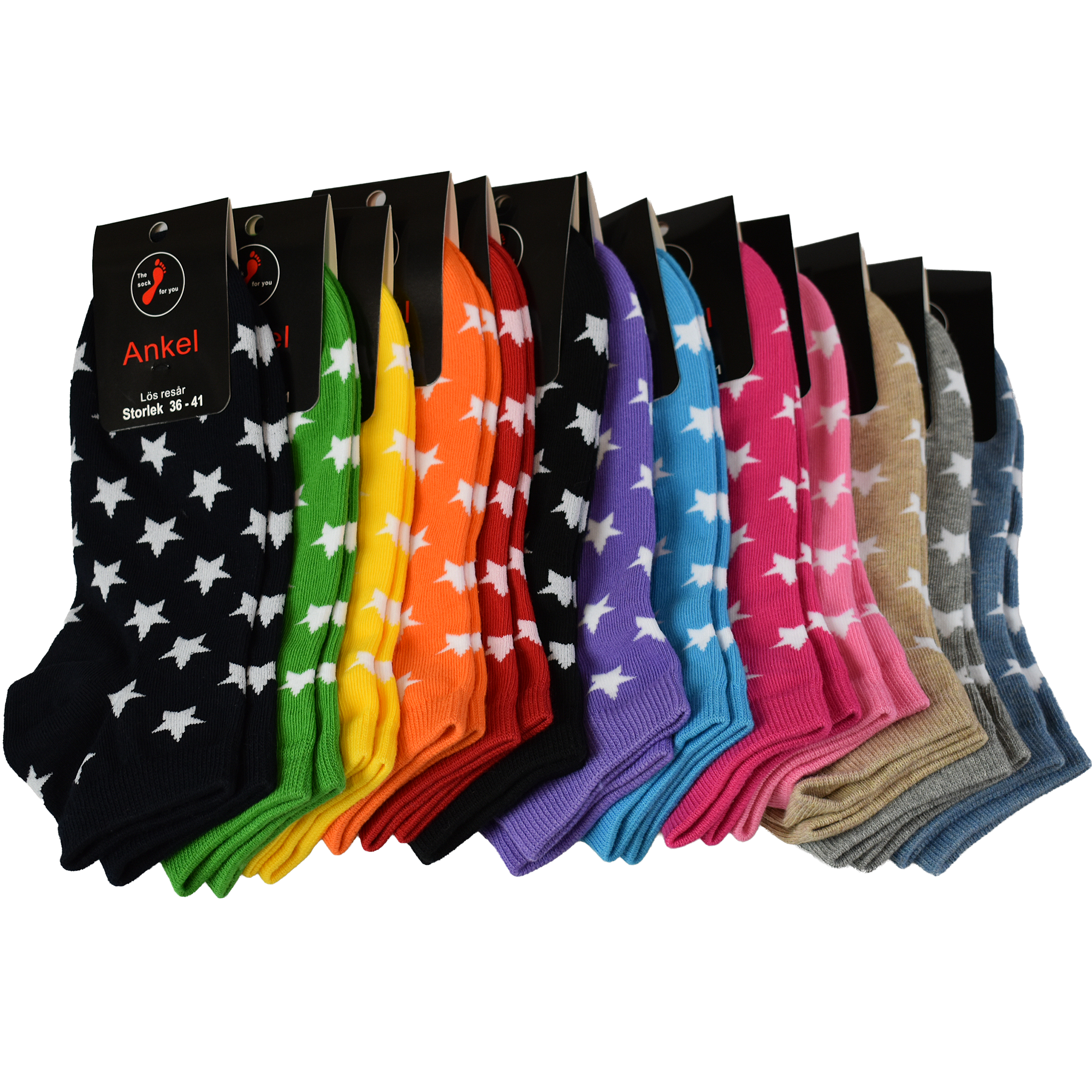 Ankelstrumpa i bomull - utan tåsöm - färgad med vita stjärnor - 4