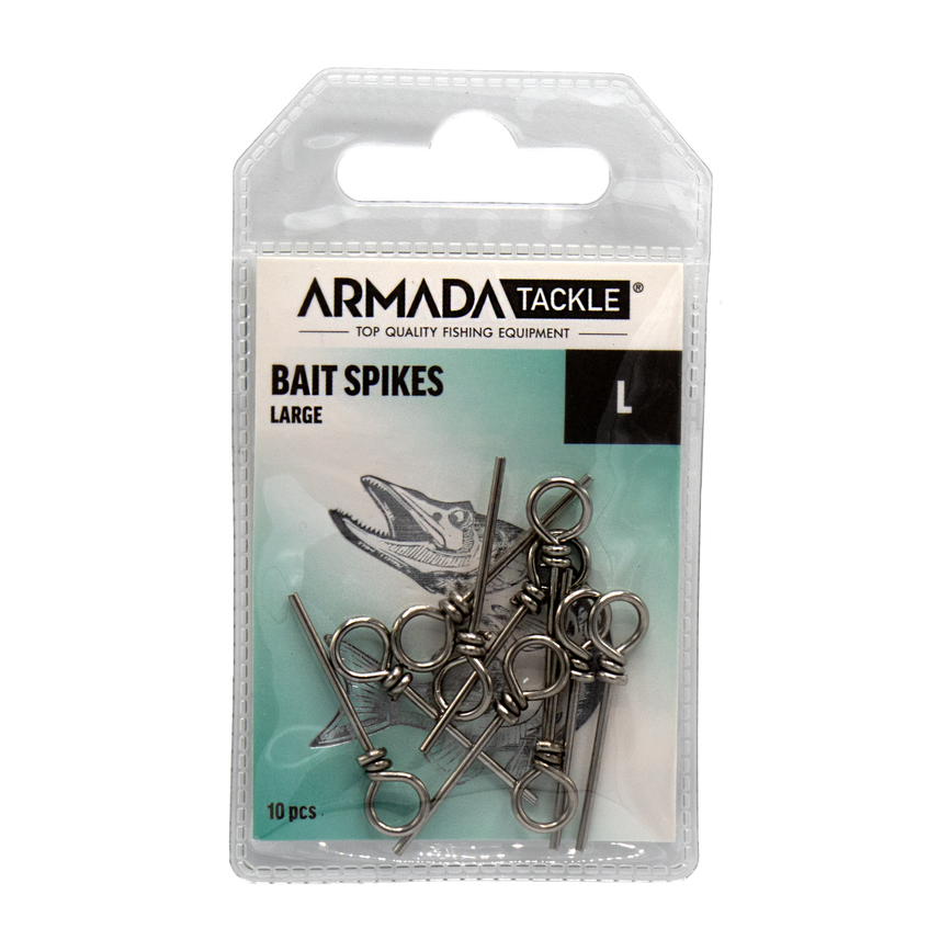 Straight bait spikes from Armada Tackle. Used for pike stingers; the spike is designed to be pushed into the jig to hold the rig and hook in place.