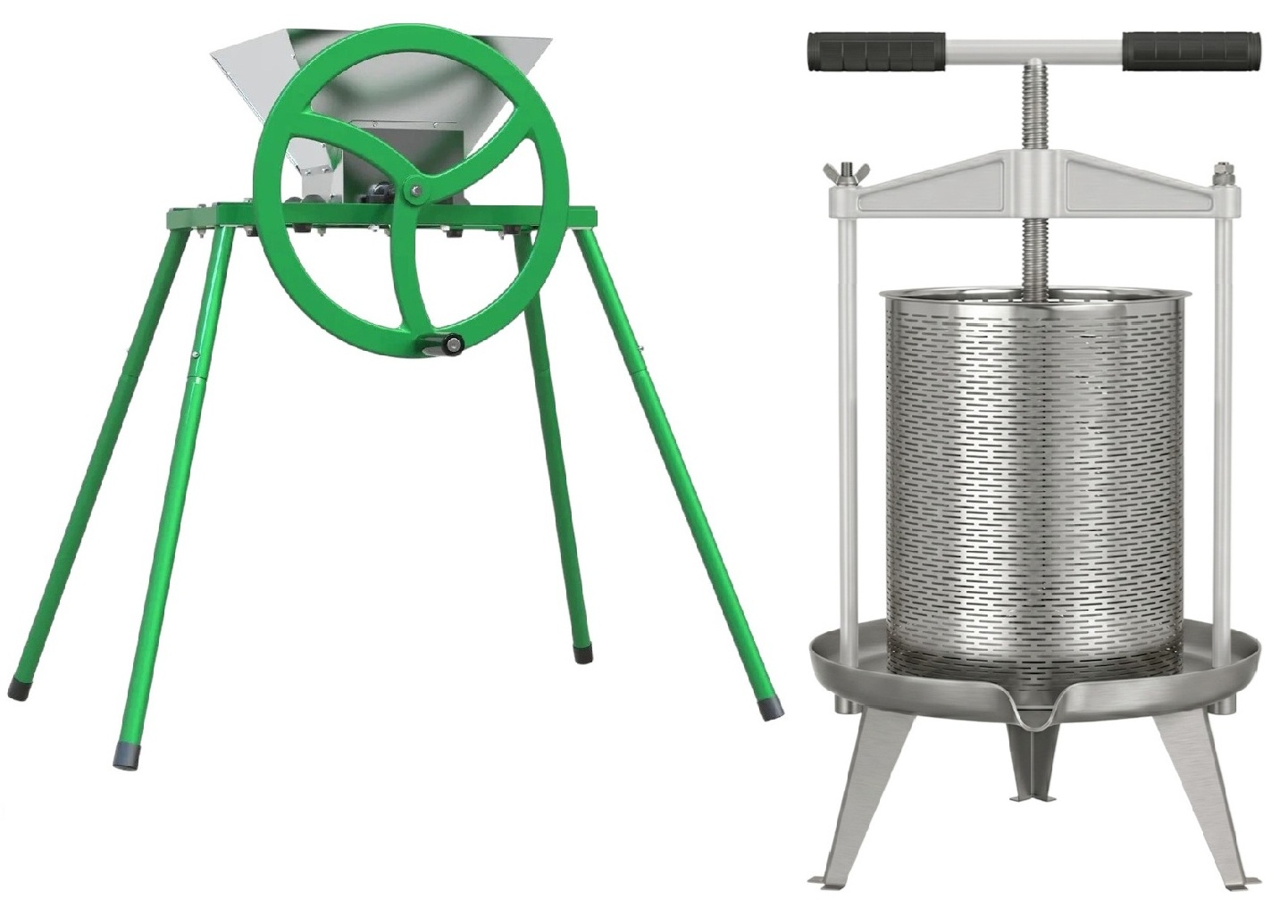 frugtpresse Hobby 18l rustfrit  med filter og manuel frugtkværn Hobby 9l med støtteben