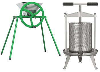  frugtpresse Hobby 18l rustfrit  med filter og manuel frugtkværn Hobby 9l med støtteben