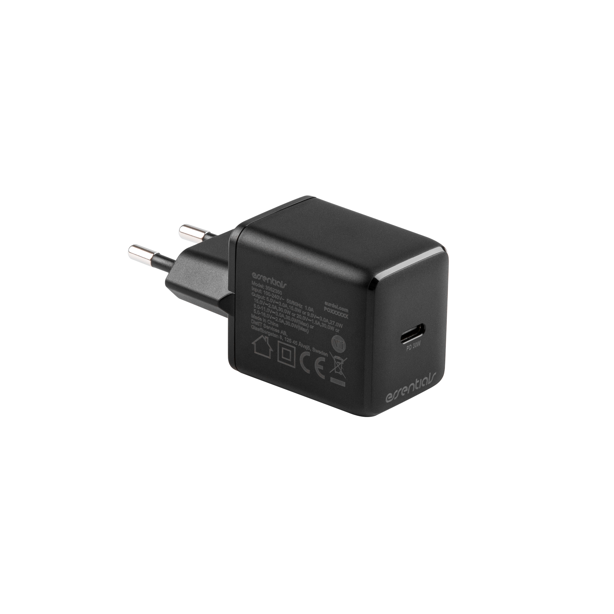 Essentials USB-C väggladdare med PD 30 W, 1x USB-C med PPS, svart