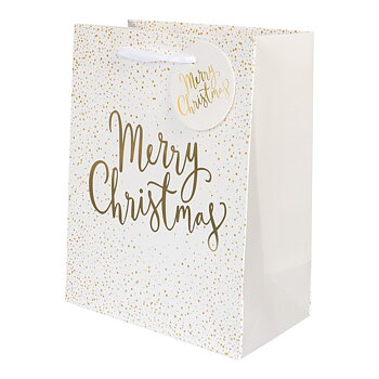Presentpåse Merry Christmas vit med guldfolie och vita handtag.