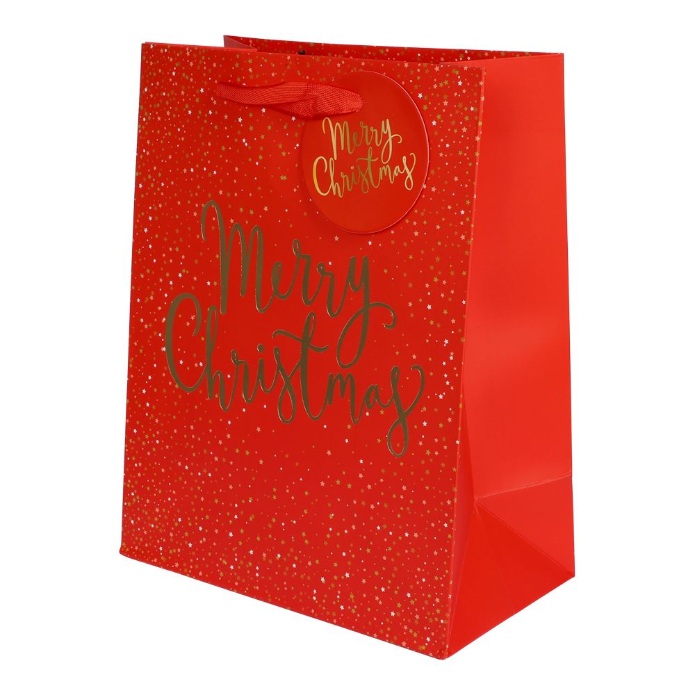 Presentpåse Merry Christmas röd med guldfolie och röda satinhandtag.