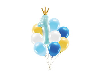Ballongbukett till 1-årskalas med blå, vita och guld ballonger samt sifferballong 1