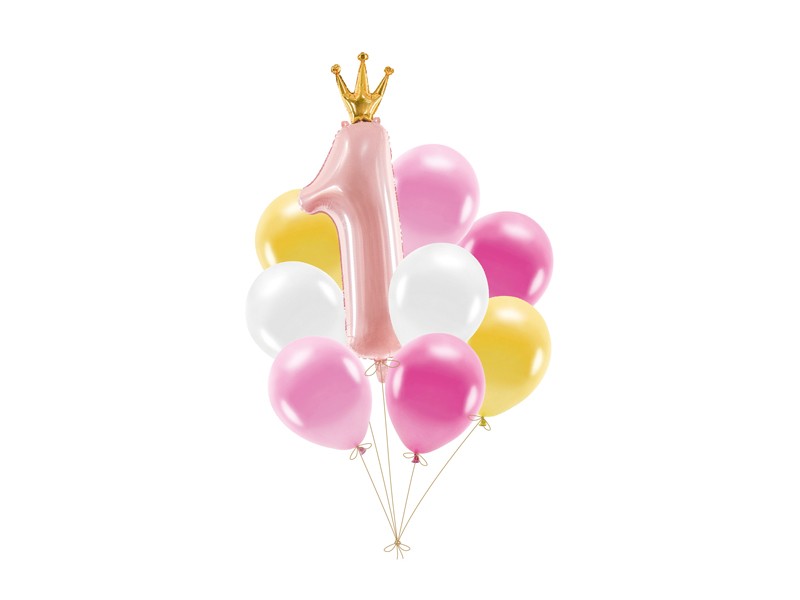 Ballongbukett till 1-årskalas med rosa, vita och guld ballonger samt sifferballong 1