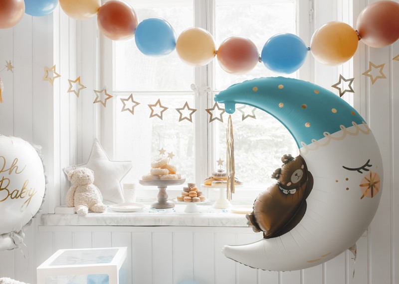 Teddy månfolieballong med sovande björn för babyshower och dop