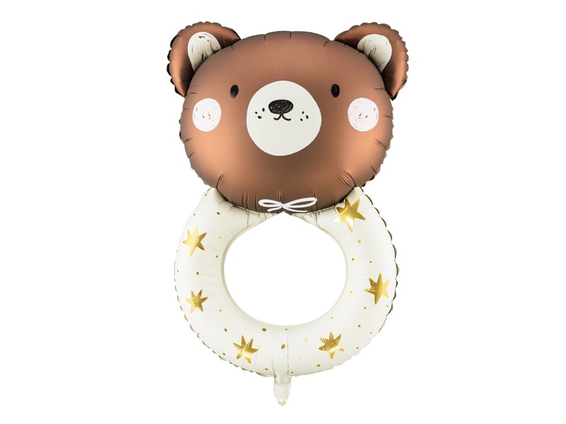 Folieballong teddybjörn skallra 61 x 88 cm i vitt och guld för babyshower, dop och första födelsedagen