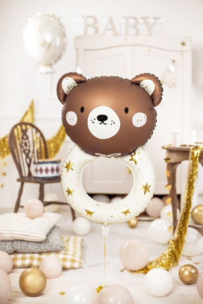 Folieballong teddybjörn skallra som dekoration till babyshower i beige, vitt och guld