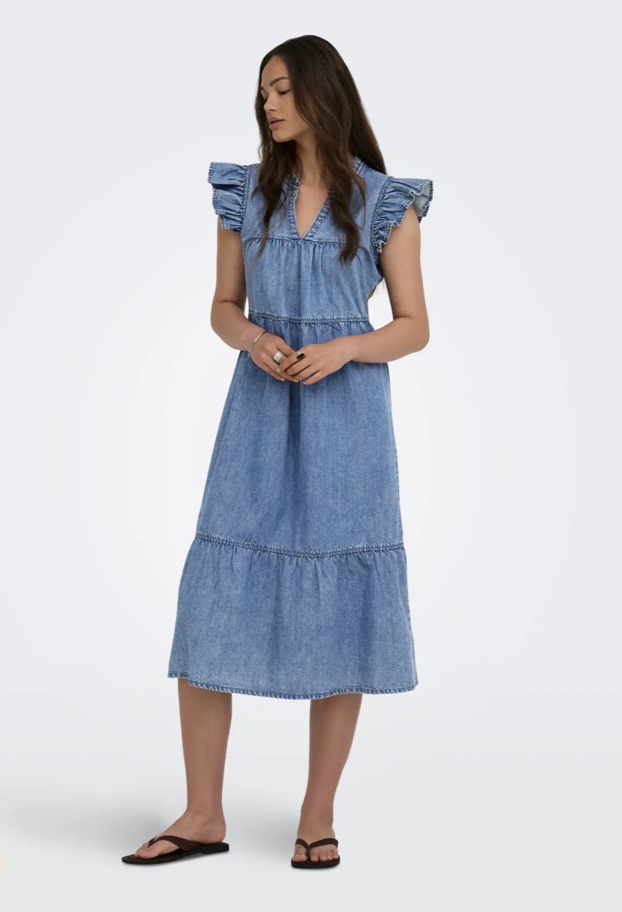 Only Shania Frill Midi Dress Medium Blue Denim - 3