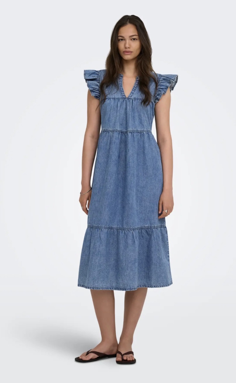Only Shania Frill Midi Dress Medium Blue Denim - 2