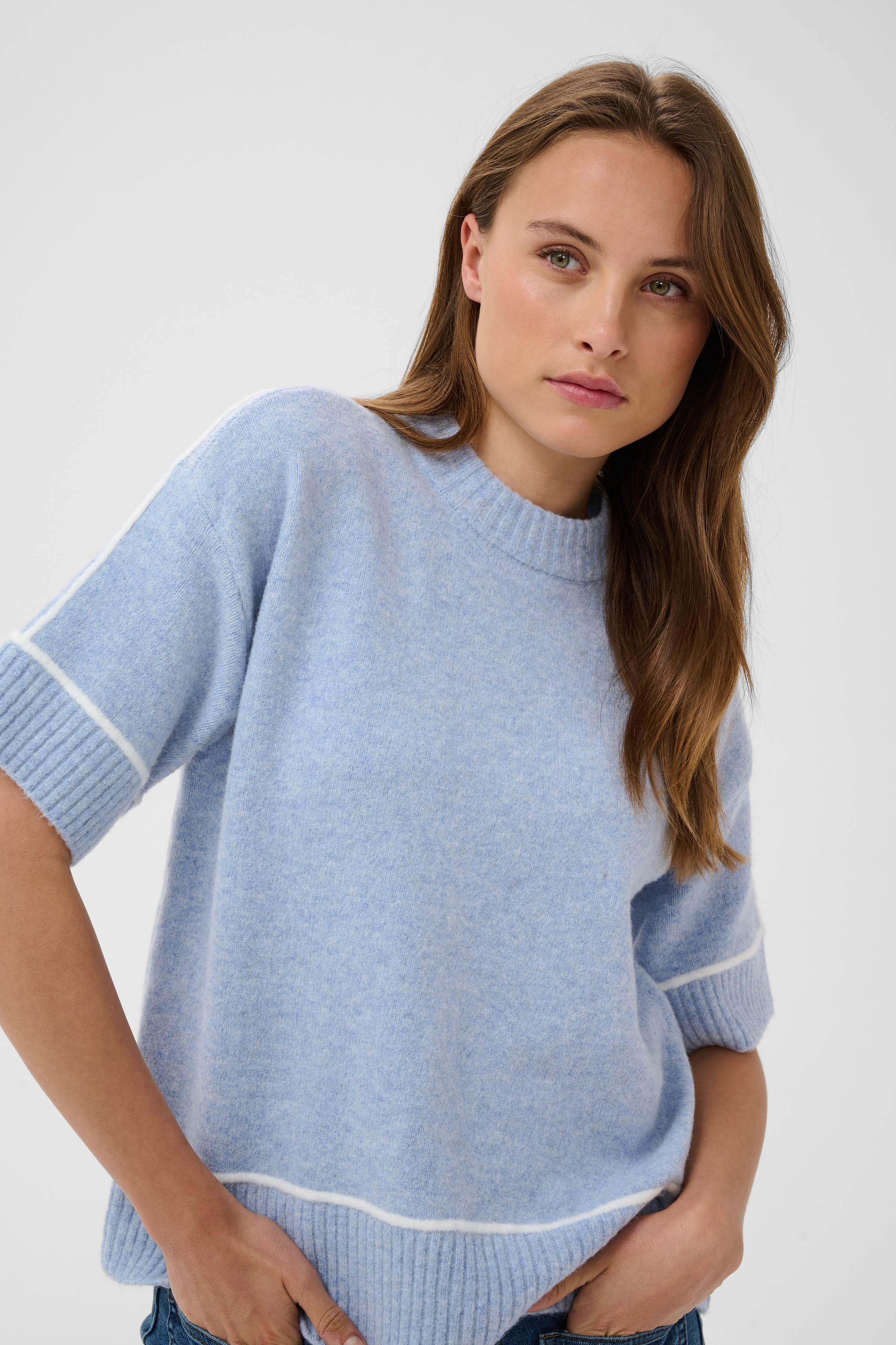 KAjinie Pullover Blue Fog Melange Stickad tröja med kort ärm - 3