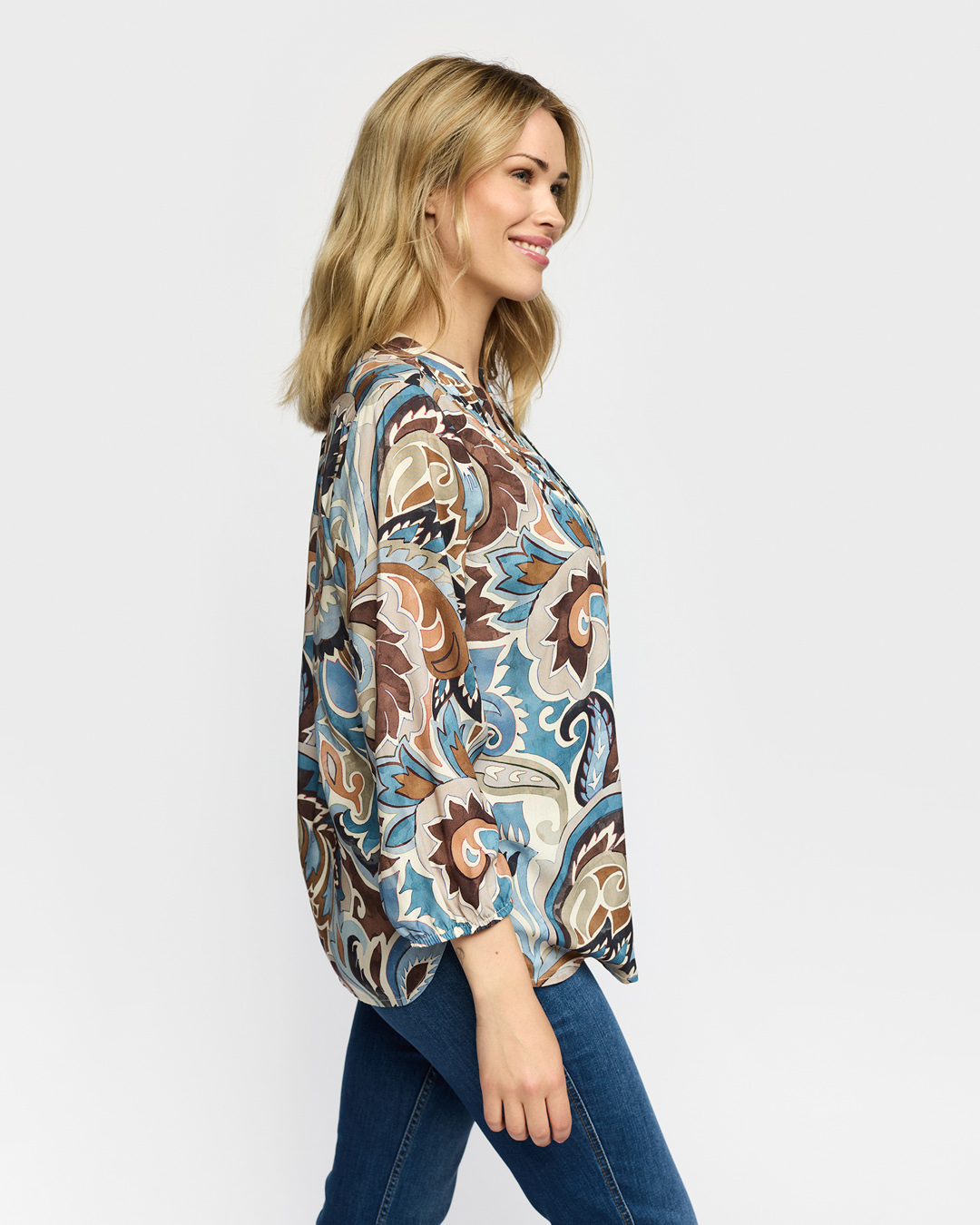 Blus Dorte v-ringad brun/blå/beige - 4