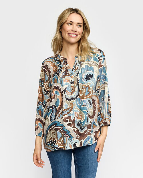 Blus Dorte v-ringad brun/blå/beige