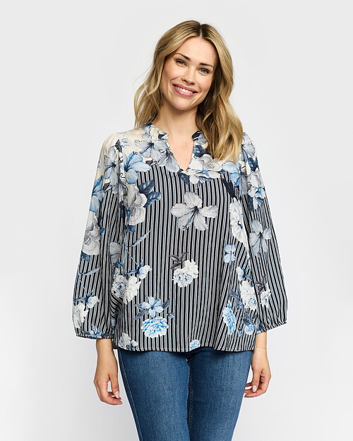 Blus Jana blommig/randig blå/vitt