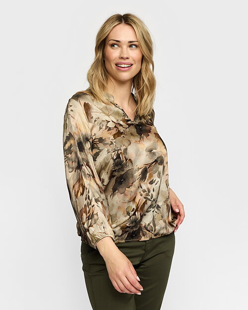 Blus Joan v-ringad blommig beige/brun