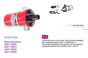 Ignition coil 1,5 OHM Capri/Cortina/Escort/Fiesta/Granada/P7/Taunus/Transit