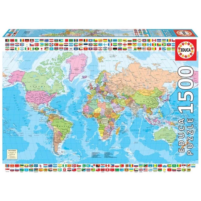 Educa Pussel 1500 bitar - The World Map - Fixeringslim medföljer