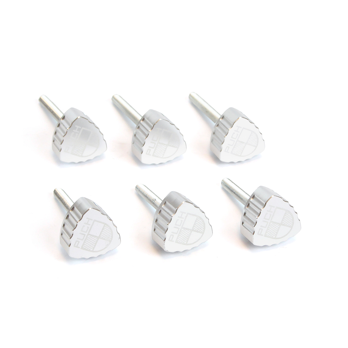 Set mit 6 Verkleidungsschrauben für den Puch Maxi. Aus Aluminium mit Puch-Logo