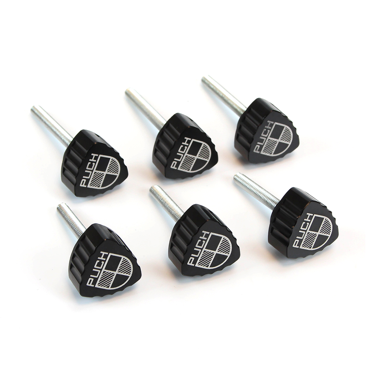 Verkleidungsschrauben-Set mit 6 Stück für den Puch Maxi. Schwarz mit Puch-Logo