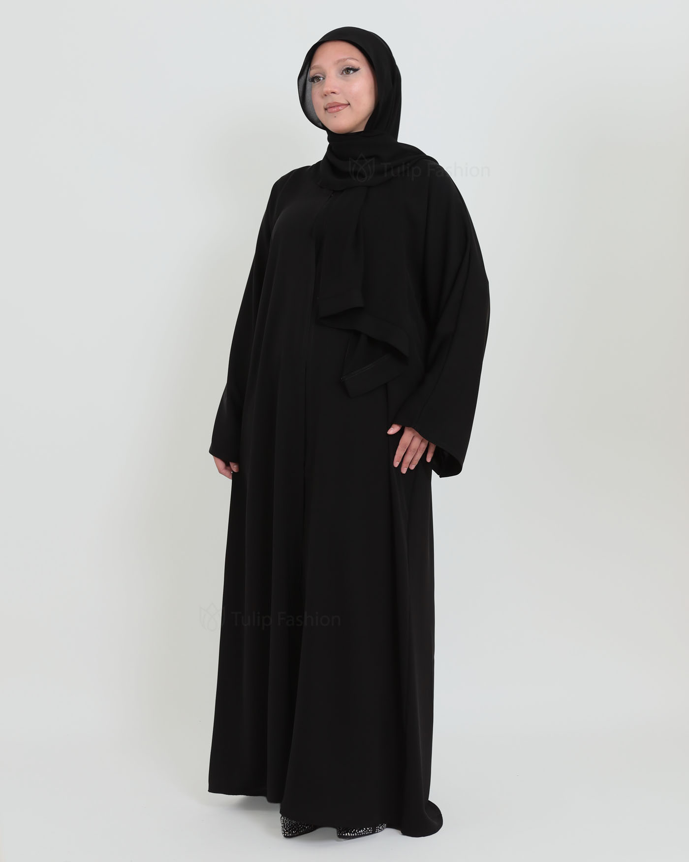 Open Abaya in Korean Nida with Matching Hijab - Black - 2