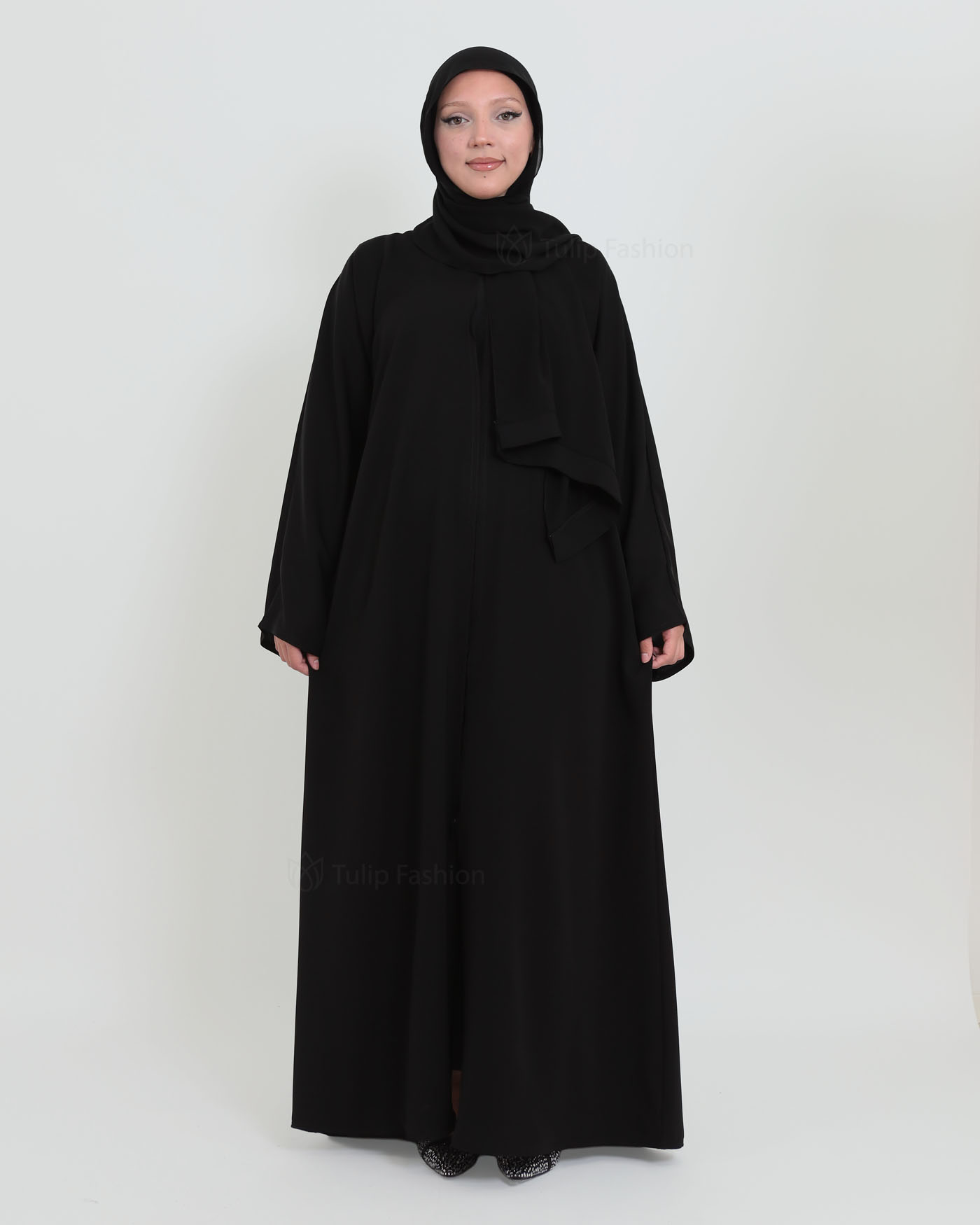 Open Abaya in Korean Nida with Matching Hijab - Black