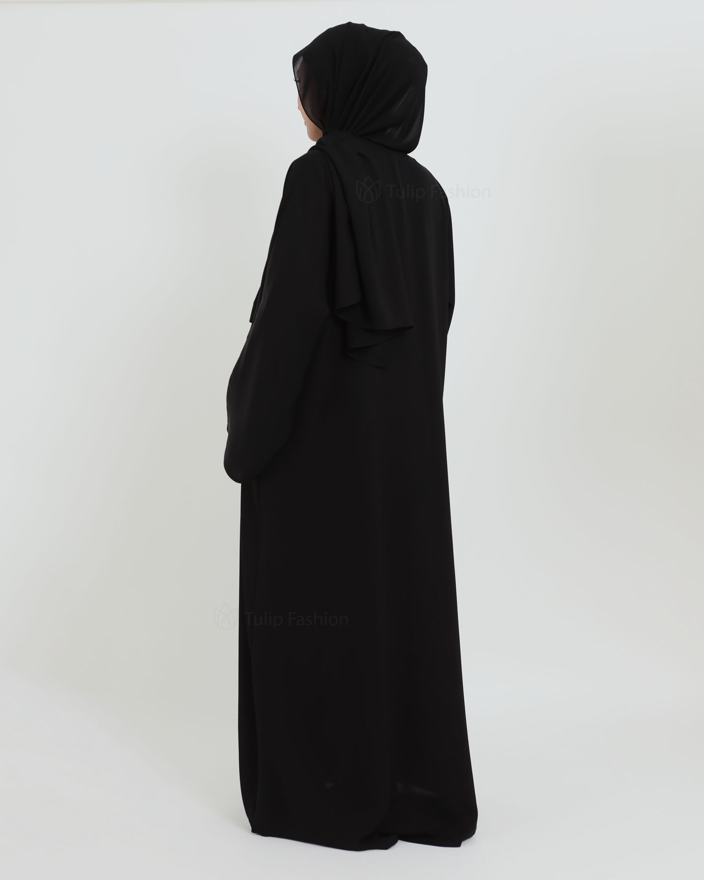 Open Abaya in Korean Nida with Matching Hijab - Black - 4