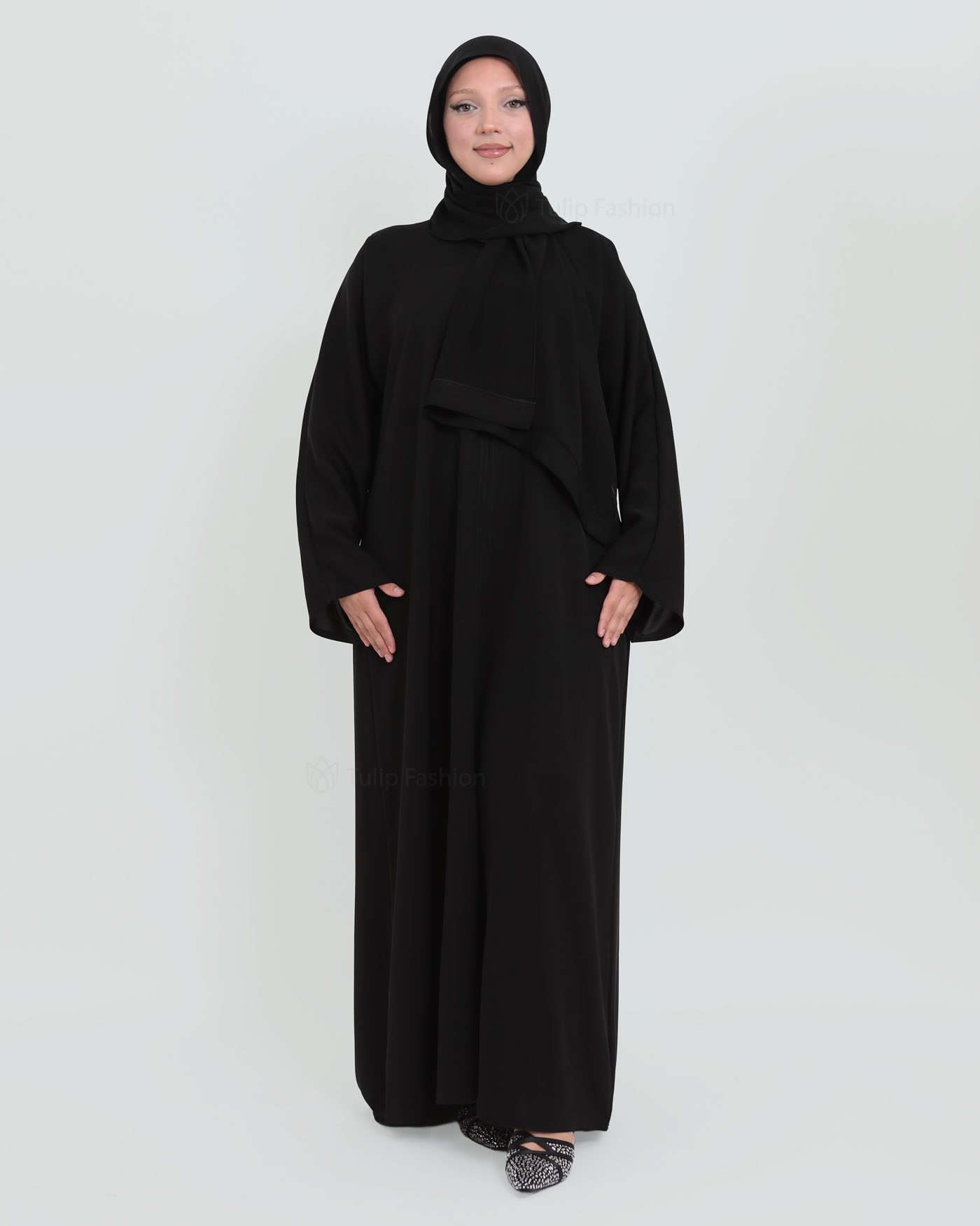 Open Abaya in Korean Nida with Matching Hijab - Black - 7